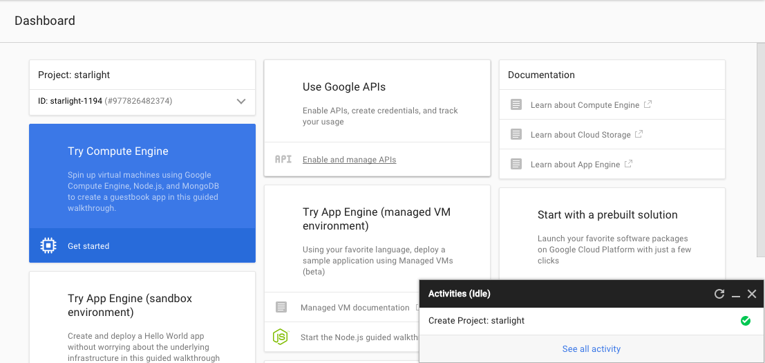 The Google Cloud dashboard